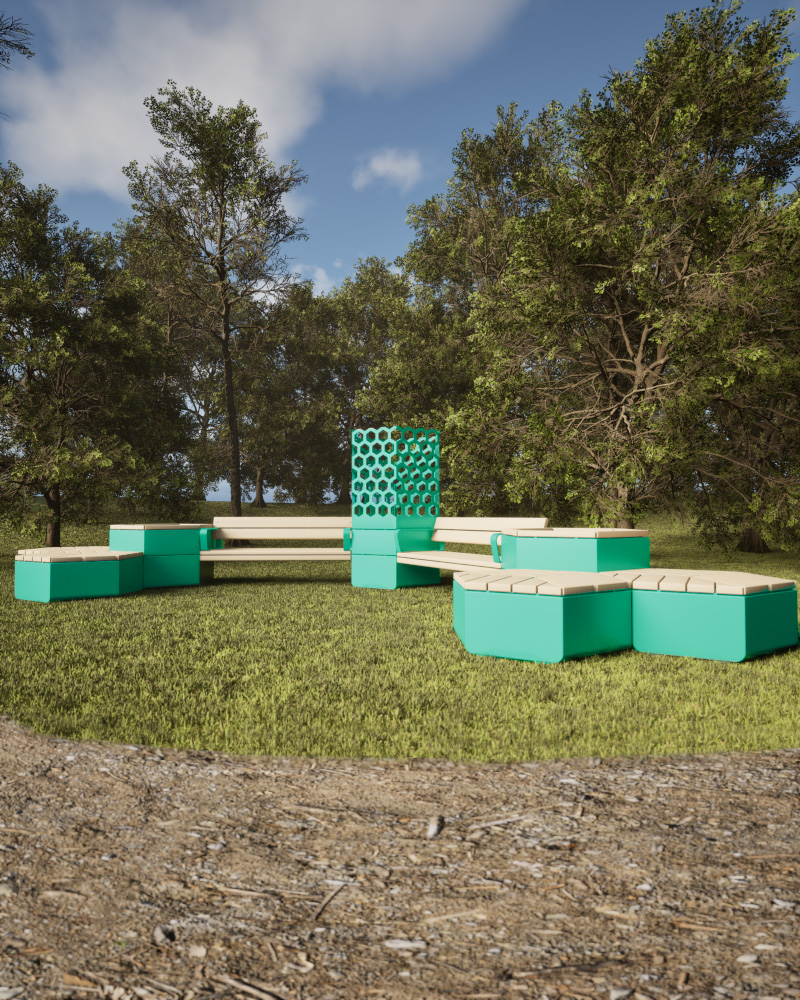 A render of a Rosenlund seating combination in a green park.